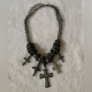 Multiple chains with crosses gray/black metal necklace